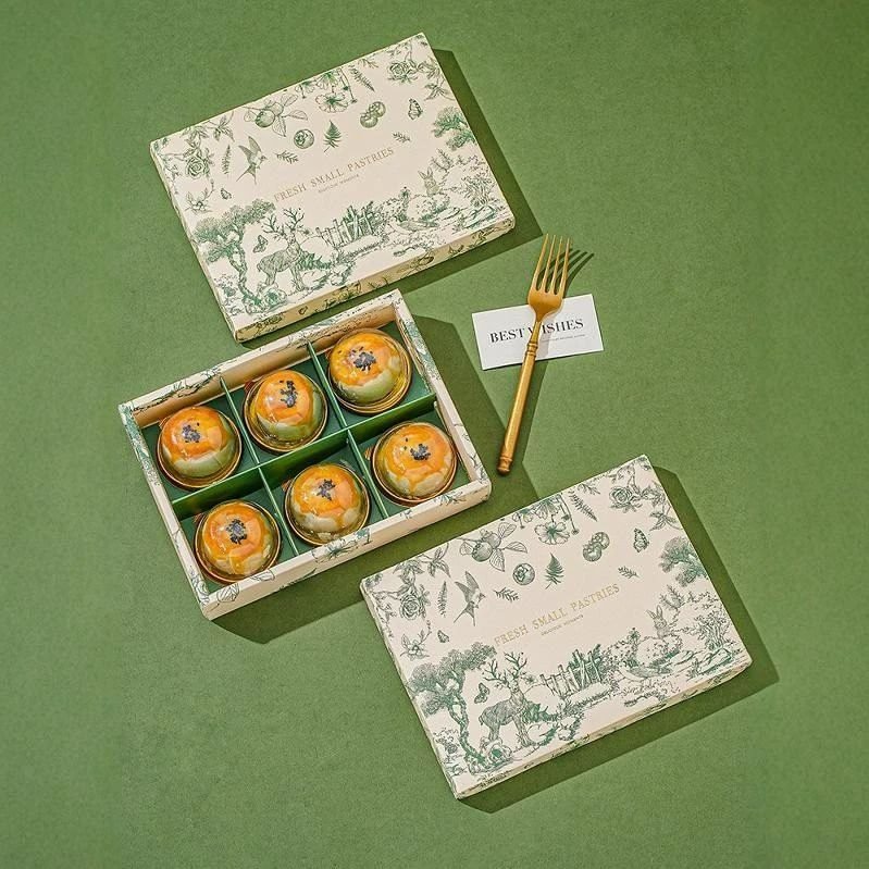 Six-cavity custom mooncake box with moulded tray, top view