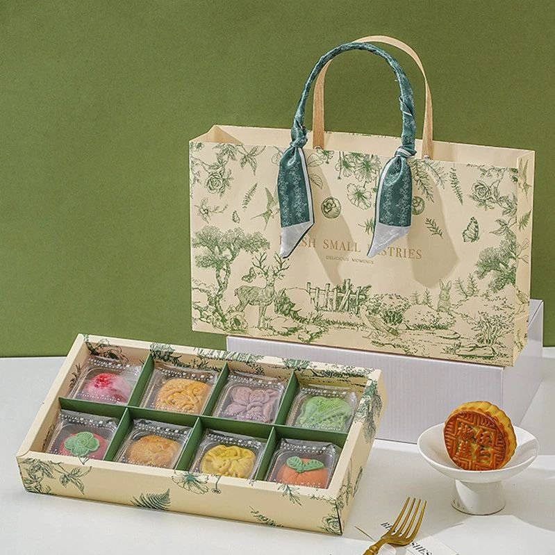 Custom mooncake box set with 8 cavities and matching carry bag, toile floral design