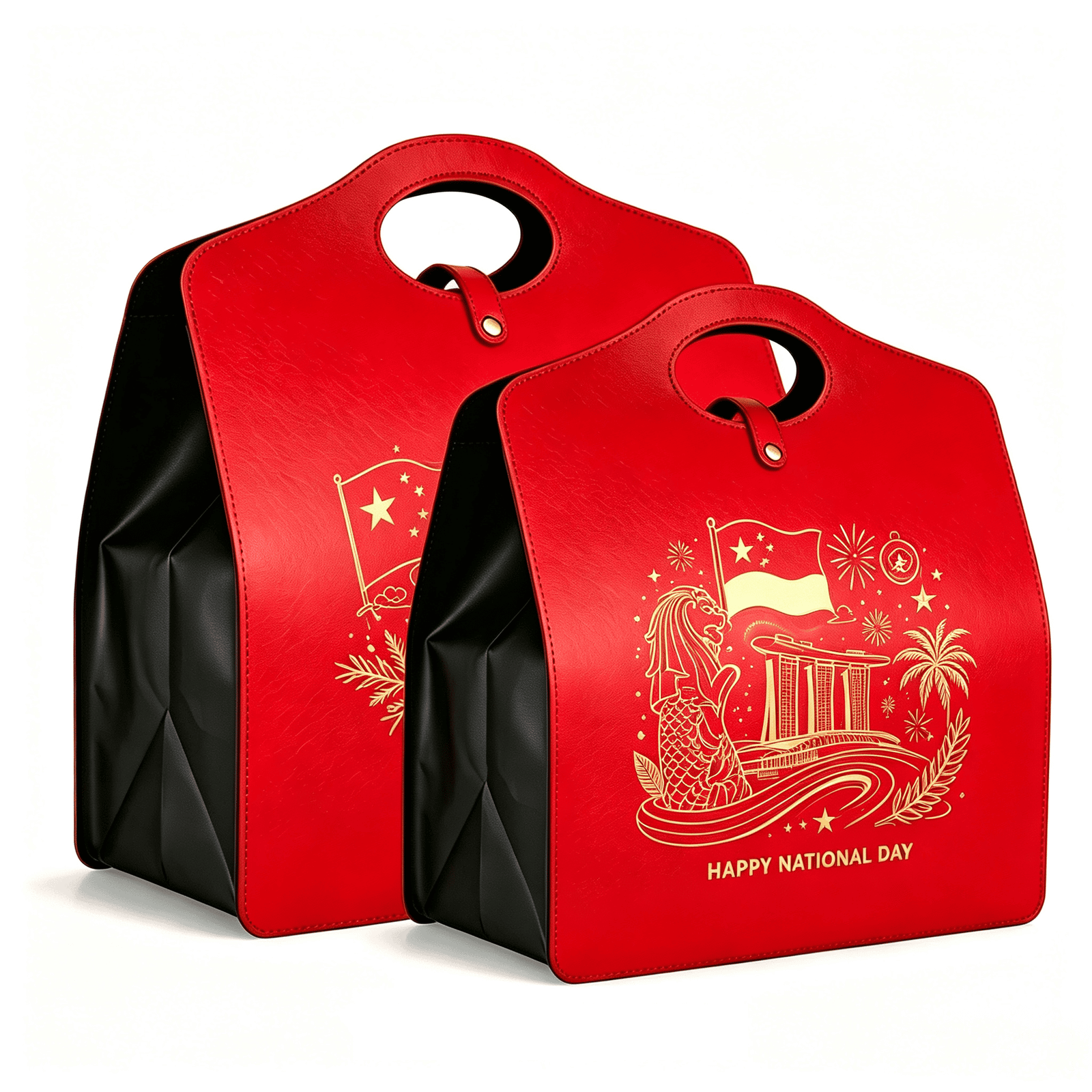 Red festive gift box with die-cut handle and gold Christmas print