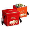 Orange and burgundy Chinese New Year boxes with gold peony