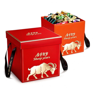 Orange and burgundy Chinese New Year boxes with gold peony